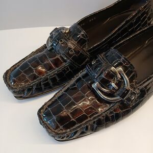Stuart Weitzman Brown Croc-Embossed Patent Leather Loafers, Size 8 Made in Spain